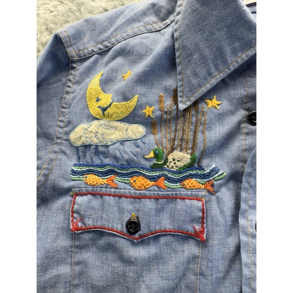 Vtg 70s Levi's Orange Tab Embroidered Chambray Shirt - Front & Back Floral Sun - Picture 4 of 12